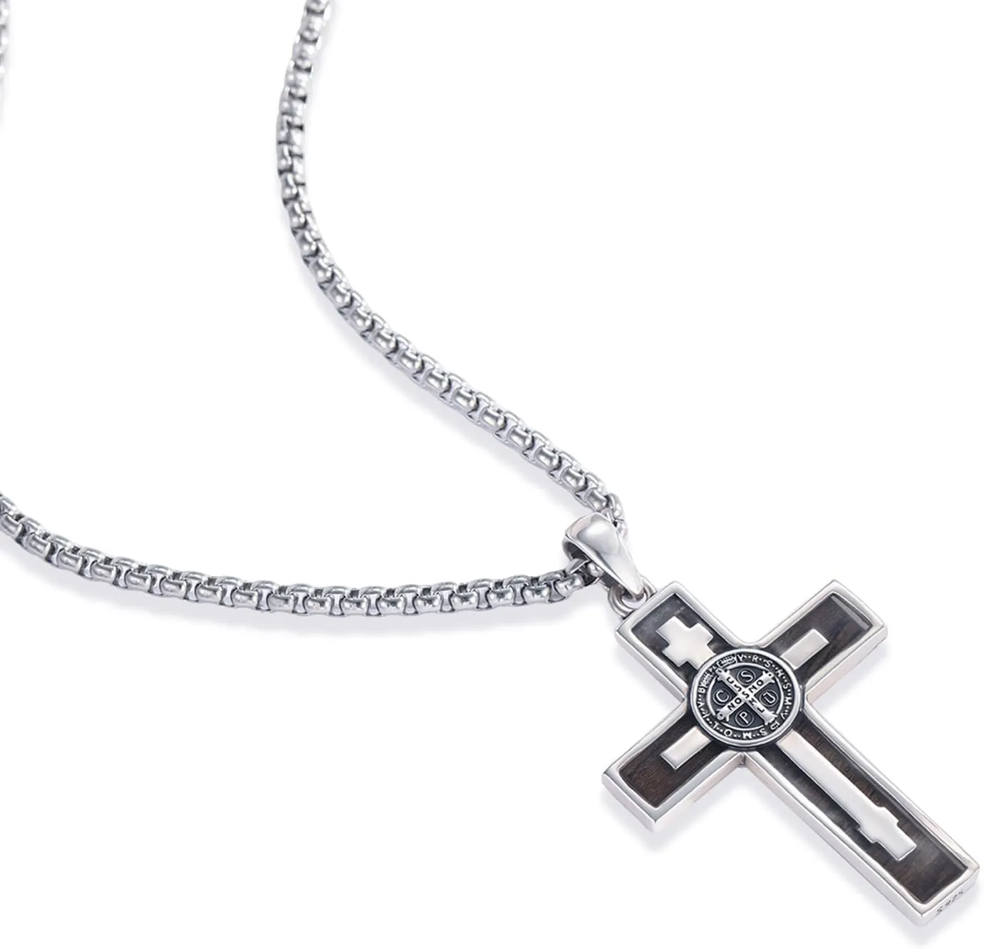 925 Sterling Silver Wooden Cross Necklace with Stainless Steel Chain