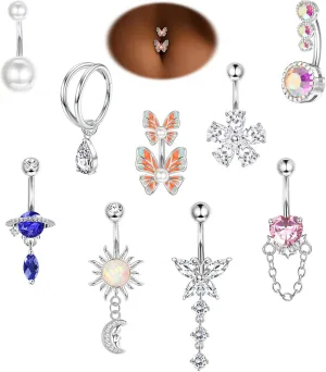 9Pcs 14G Belly Button Rings for Women Surgical Stainless Steel Belly Rings Cute Navel Rings Butterfly Flower Heart Double Hoop Dangle Belly Button Ring Set Silver Belly Button Piercing Jewelry