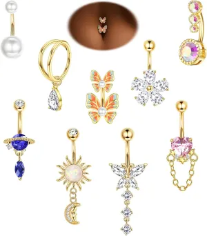 9pcs 14G Navel Rings for Women - Stainless Steel Belly Rings with Butterfly, Flower, Heart & Double Hoop Designs - Gold Belly Button Piercing Jewelry