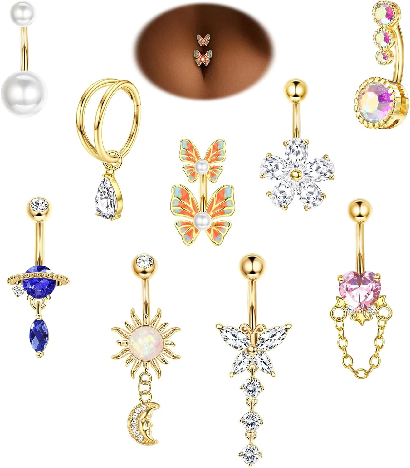 9pcs 14G Navel Rings for Women - Stainless Steel Belly Rings with Butterfly, Flower, Heart & Double Hoop Designs - Gold Belly Button Piercing Jewelry
