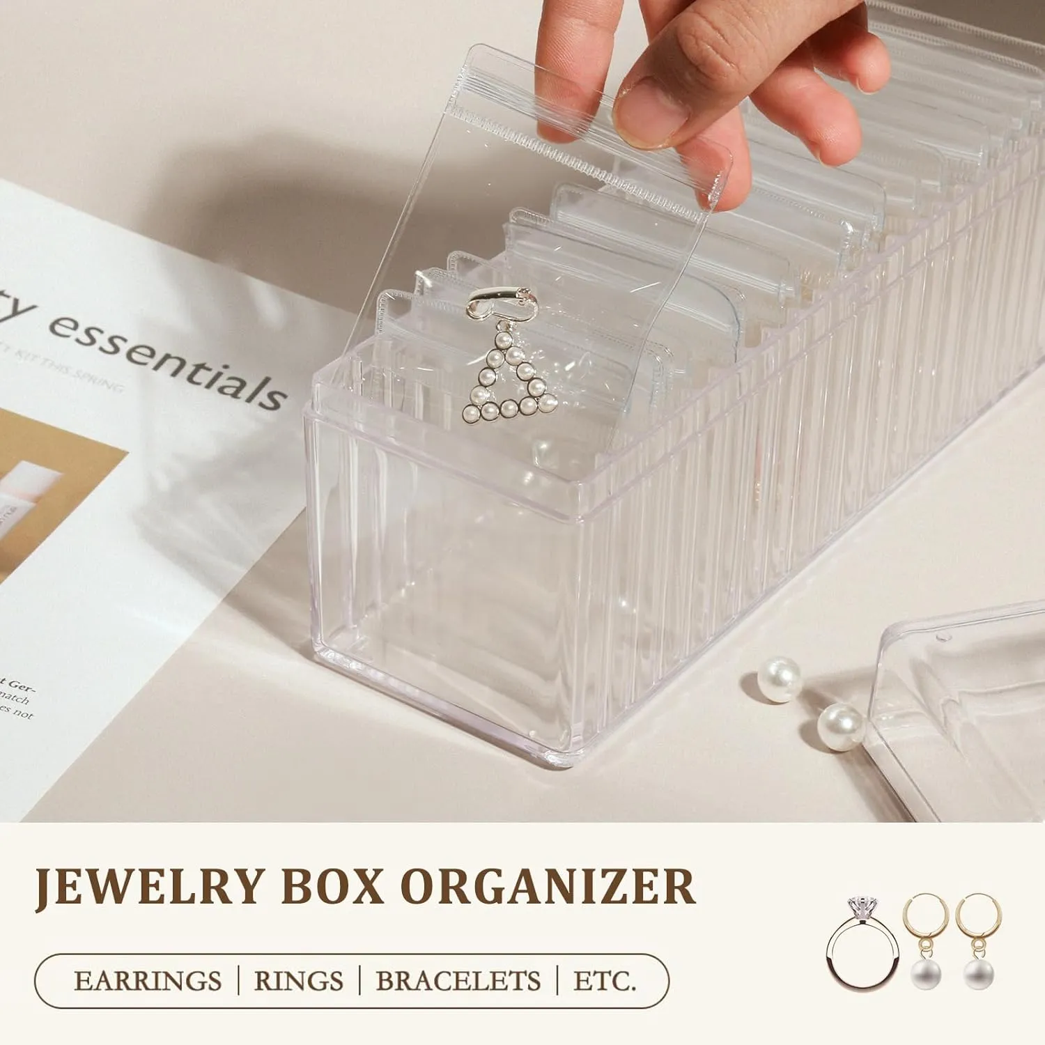 Acrylic Jewelry Box Organizer, Jewelry Organizers And Storage with 20 Portable Anti Tarnish Jewelry bags, Clear Jewelry Organizer Holder for Earrings/Rings/Necklaces Gift for Women Girls (Transparent)