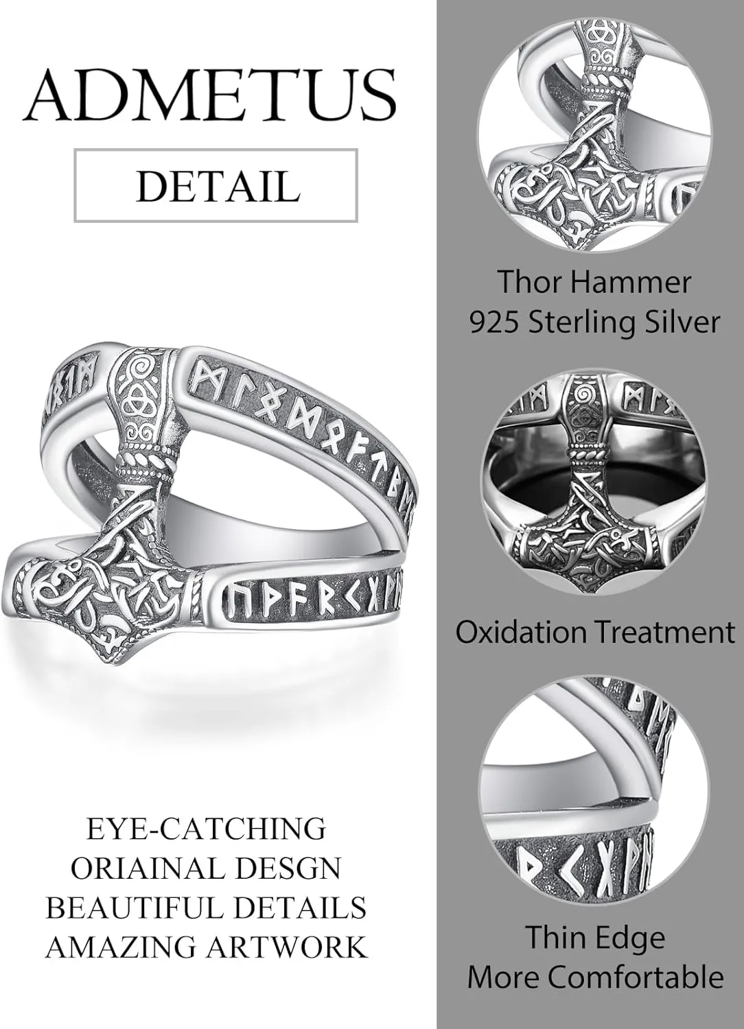 ADMETUS 925 Sterling Silver Thor Hammer Rings Mjolnir Ring Norse Runes Viking Jewelry Protection Gifts for Men Rings Size 6-15