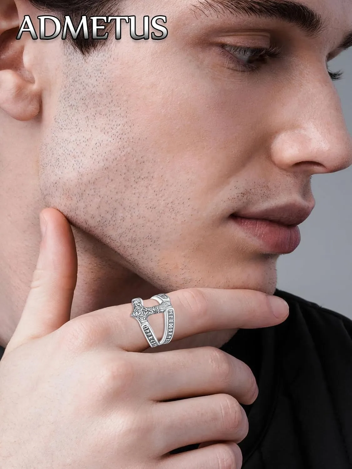 ADMETUS 925 Sterling Silver Thor Hammer Rings Mjolnir Ring Norse Runes Viking Jewelry Protection Gifts for Men Rings Size 6-15