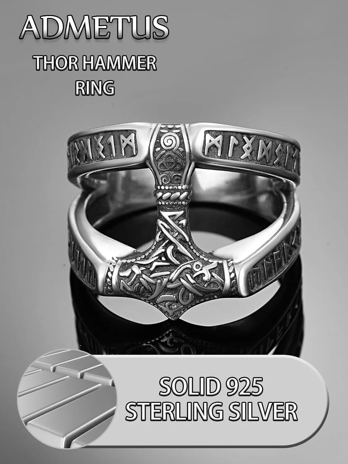 ADMETUS 925 Sterling Silver Thor Hammer Rings Mjolnir Ring Norse Runes Viking Jewelry Protection Gifts for Men Rings Size 6-15