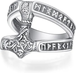 ADMETUS 925 Sterling Silver Thor Hammer Rings Mjolnir Ring Norse Runes Viking Jewelry Protection Gifts for Men Rings Size 6-15