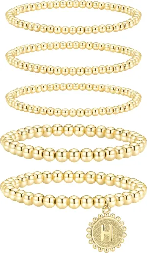 adoyi Gold Silver Bracelets for Women Beaded Bracelet 14K Gold Plated Bracelet Stack Initial Letter A-Z Strand Stretch Bead Stackable Bracelet Set Adjustable Jewelry Gift for Women