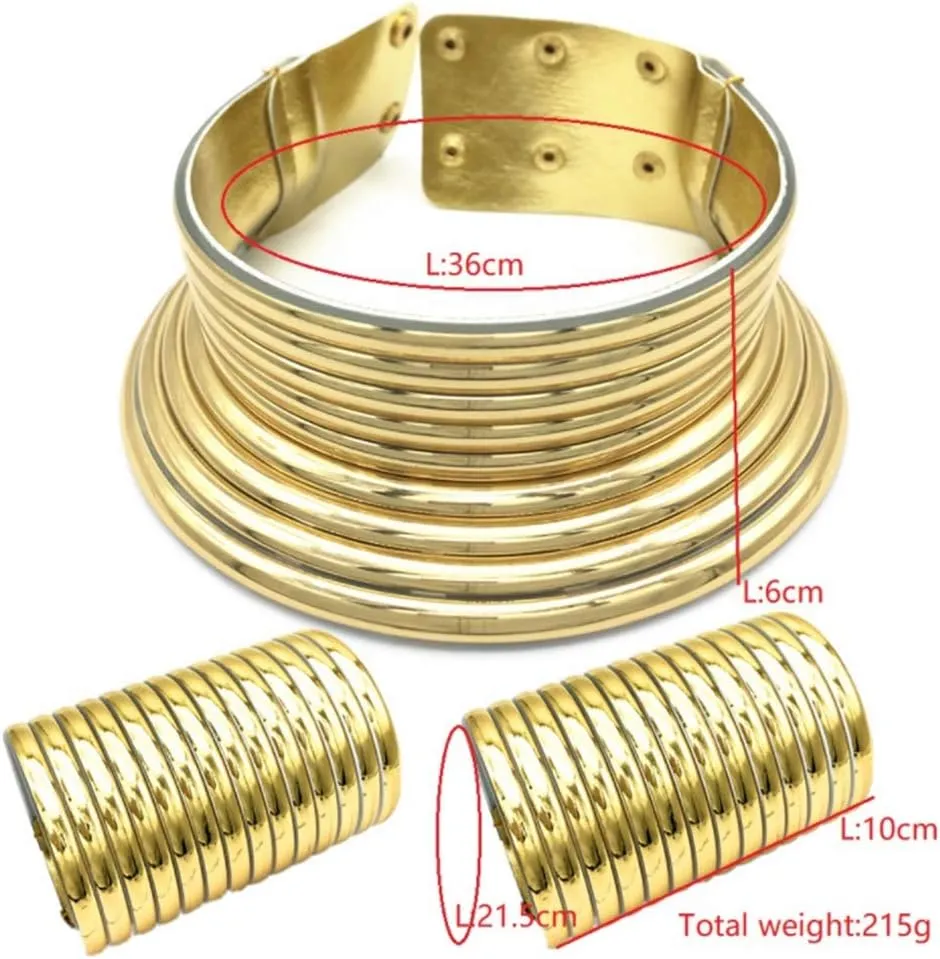 African Jewelry Statement Collar Egypt Gold Tone Choker Women Chunky Leather Collar Necklace (Silver)