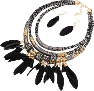 African Tribal Style Feather Pendant Multi Layers Necklace Earring Set Statement Bib Necklaces Feathered Dangle Earring Boho Collar Chains for Women Men