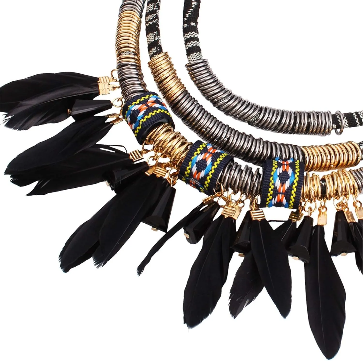 African Tribal Style Feather Pendant Multi Layers Necklace Earring Set Statement Bib Necklaces Feathered Dangle Earring Boho Collar Chains for Women Men