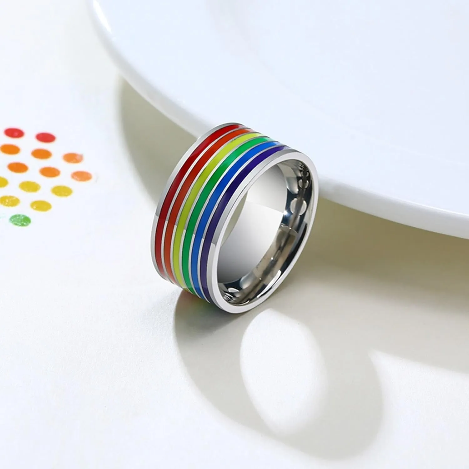 Aienid Matching Rings for Men, Mens Rings Stainless Steel 2PCS 10mm Lgbt Ring with Rainbow Enamel Couple Band for Anniversary