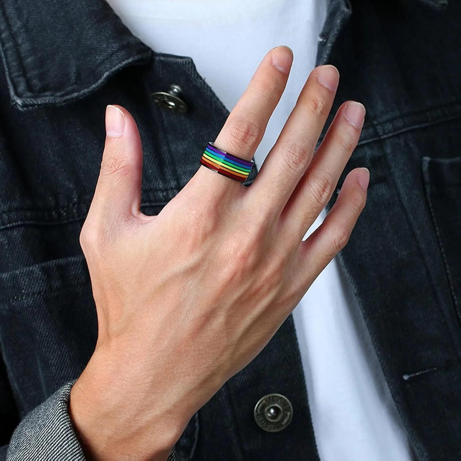 Aienid Matching Rings for Men, Mens Rings Stainless Steel 2PCS 10mm Lgbt Ring with Rainbow Enamel Couple Band for Anniversary