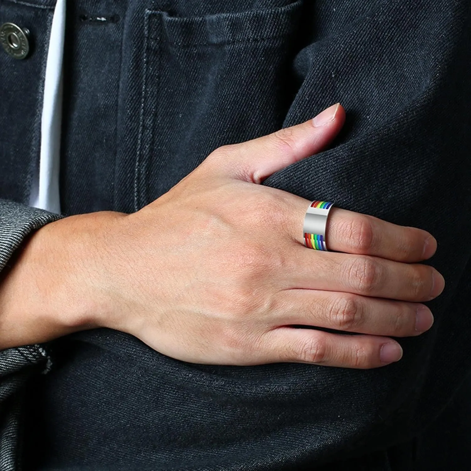 Aienid Matching Rings for Men, Mens Rings Stainless Steel 2PCS 10mm Lgbt Ring with Rainbow Enamel Couple Band for Anniversary