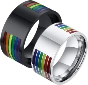 Aienid Matching Rings for Men, Mens Rings Stainless Steel 2PCS 10mm Lgbt Ring with Rainbow Enamel Couple Band for Anniversary