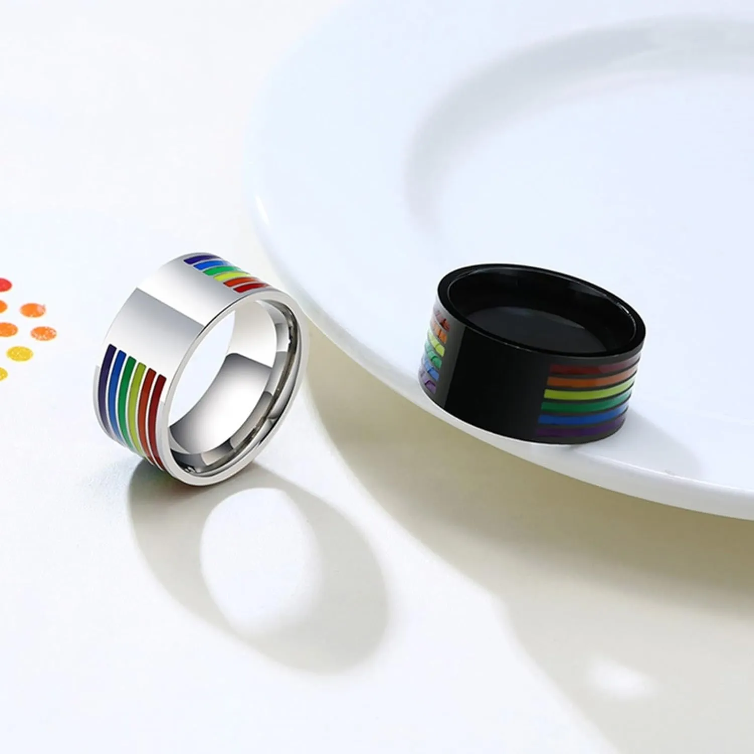 Aienid Matching Rings for Men, Mens Rings Stainless Steel 2PCS 10mm Lgbt Ring with Rainbow Enamel Couple Band for Anniversary