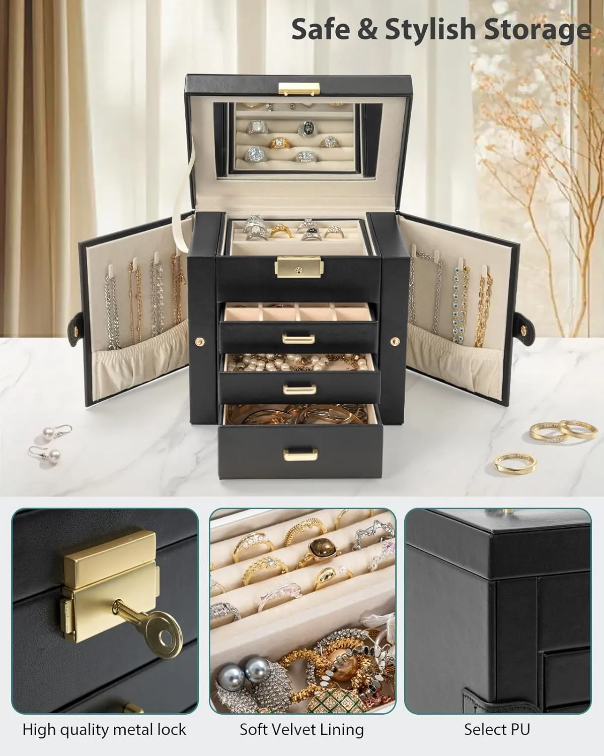 AKOZLIN 4-Tier Jewelry Box Leather Jewelry Storage Organizer with 3 Drawers Lockable for Women Girls Ring Necklace Earring Bracelet Watches Holder with Mirror Black