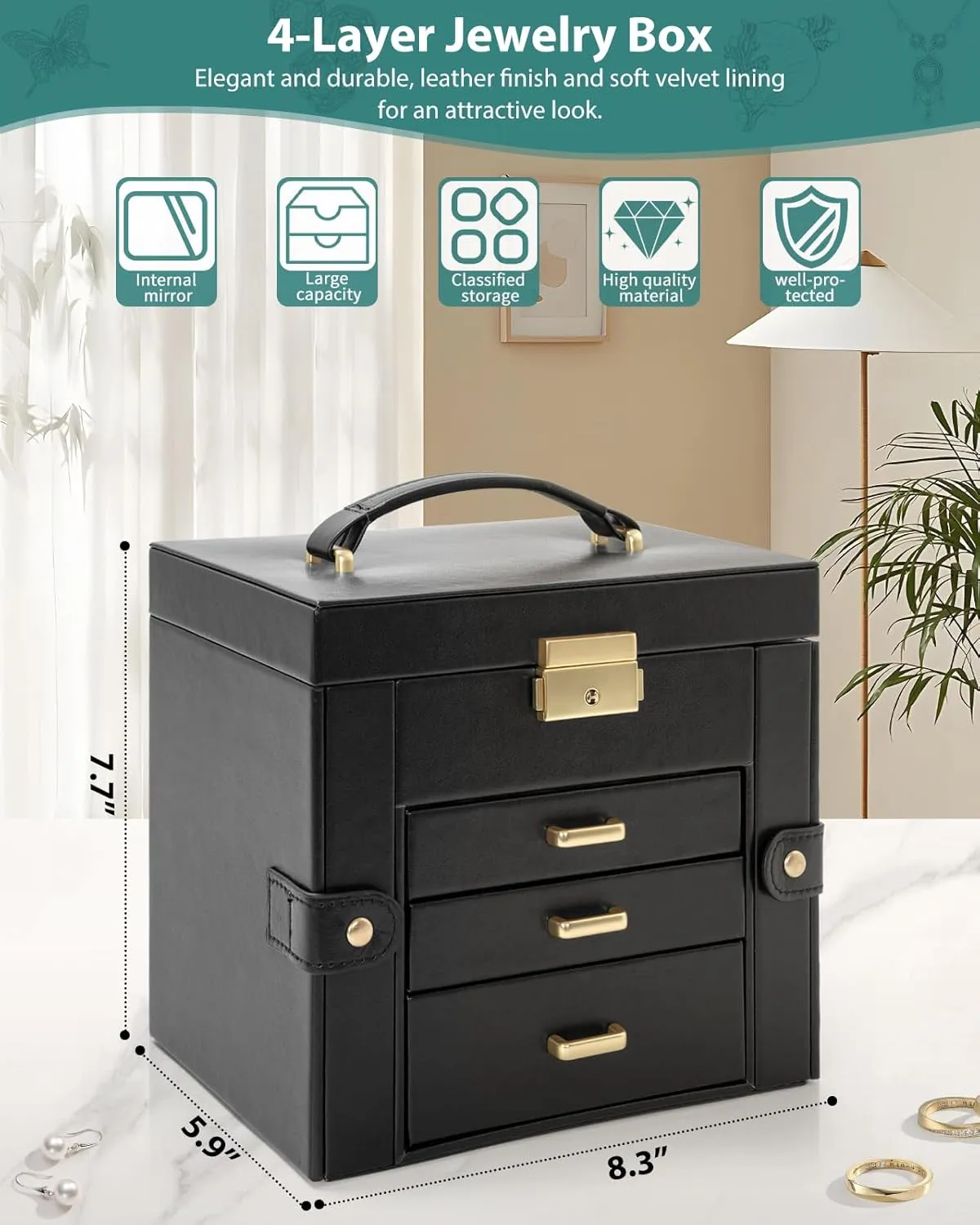 AKOZLIN 4-Tier Jewelry Box Leather Jewelry Storage Organizer with 3 Drawers Lockable for Women Girls Ring Necklace Earring Bracelet Watches Holder with Mirror Black