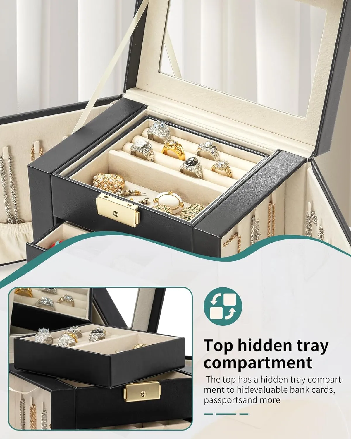 AKOZLIN 4-Tier Jewelry Box Leather Jewelry Storage Organizer with 3 Drawers Lockable for Women Girls Ring Necklace Earring Bracelet Watches Holder with Mirror Black