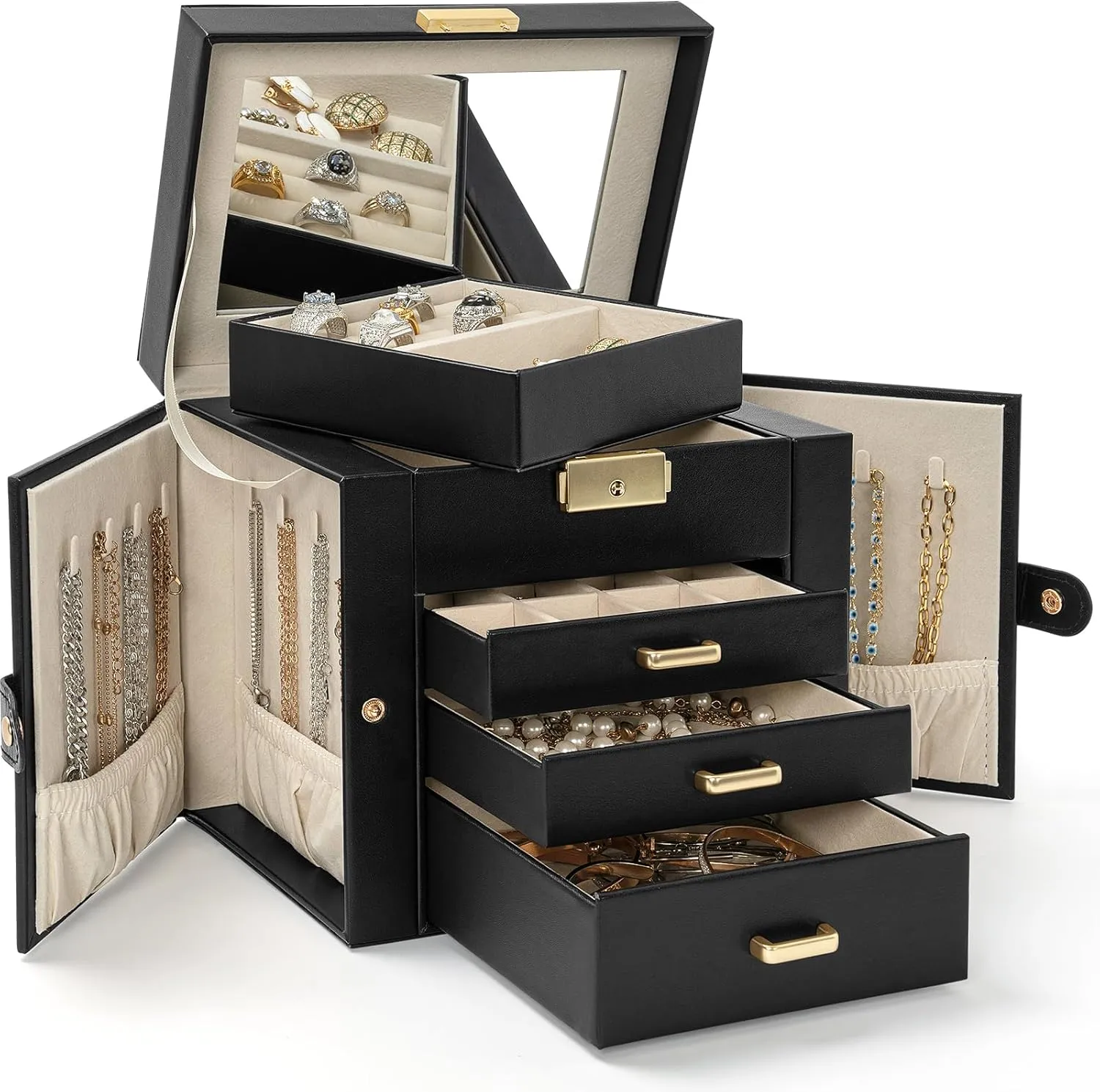 AKOZLIN 4-Tier Jewelry Box Leather Jewelry Storage Organizer with 3 Drawers Lockable for Women Girls Ring Necklace Earring Bracelet Watches Holder with Mirror Black