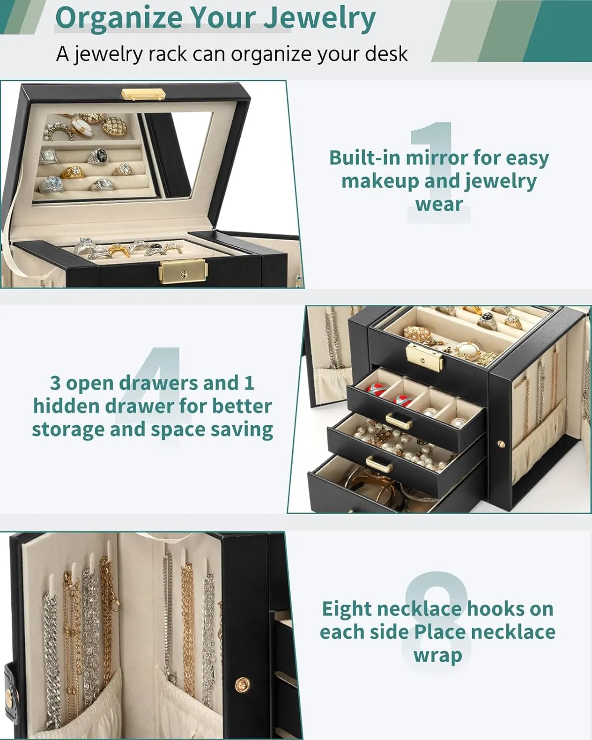 AKOZLIN 4-Tier Jewelry Box Leather Jewelry Storage Organizer with 3 Drawers Lockable for Women Girls Ring Necklace Earring Bracelet Watches Holder with Mirror Black