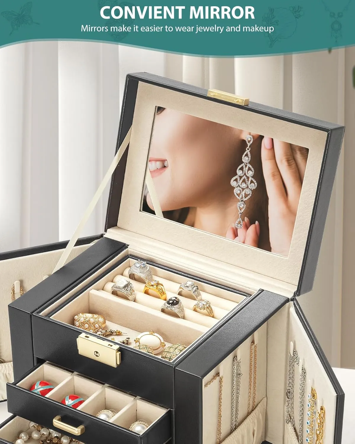AKOZLIN 4-Tier Jewelry Box Leather Jewelry Storage Organizer with 3 Drawers Lockable for Women Girls Ring Necklace Earring Bracelet Watches Holder with Mirror Black