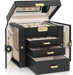 AKOZLIN 4-Tier Jewelry Box Leather Jewelry Storage Organizer with 3 Drawers Lockable for Women Girls Ring Necklace Earring Bracelet Watches Holder with Mirror Black