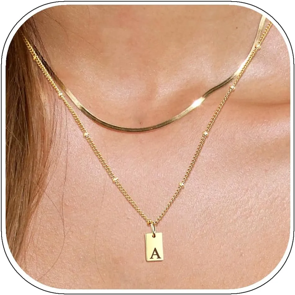 ALEXTINA Stainless Steel 18K Gold Initial Necklaces for Women Minimalist Chain Herringbone Necklace A-Z Letter Layered Necklace Personalized Gold Jewelry for Women