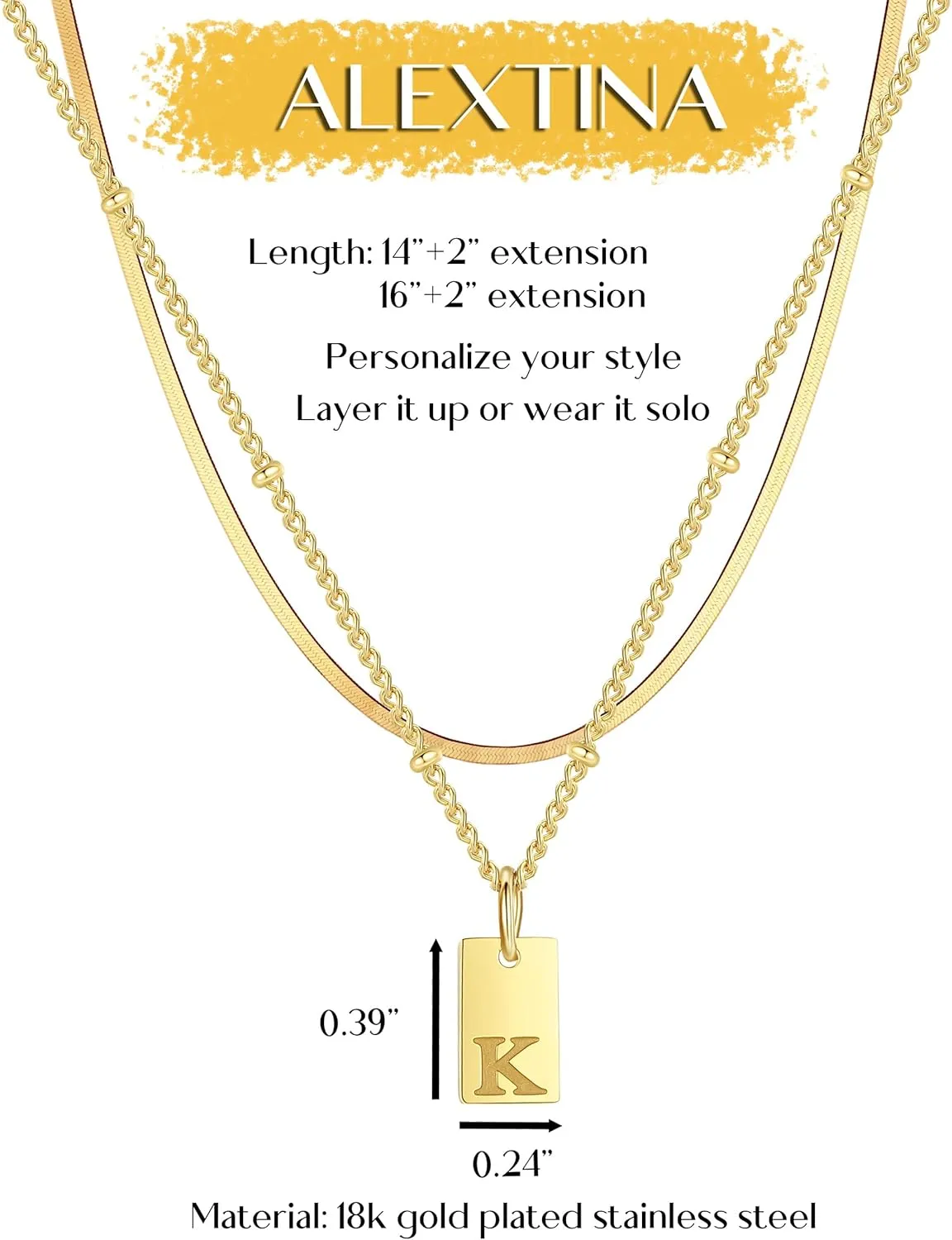 ALEXTINA Stainless Steel 18K Gold Initial Necklaces for Women Minimalist Chain Herringbone Necklace A-Z Letter Layered Necklace Personalized Gold Jewelry for Women