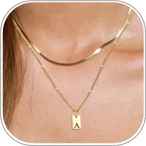 ALEXTINA Stainless Steel 18K Gold Initial Necklaces for Women Minimalist Chain Herringbone Necklace A-Z Letter Layered Necklace Personalized Gold Jewelry for Women