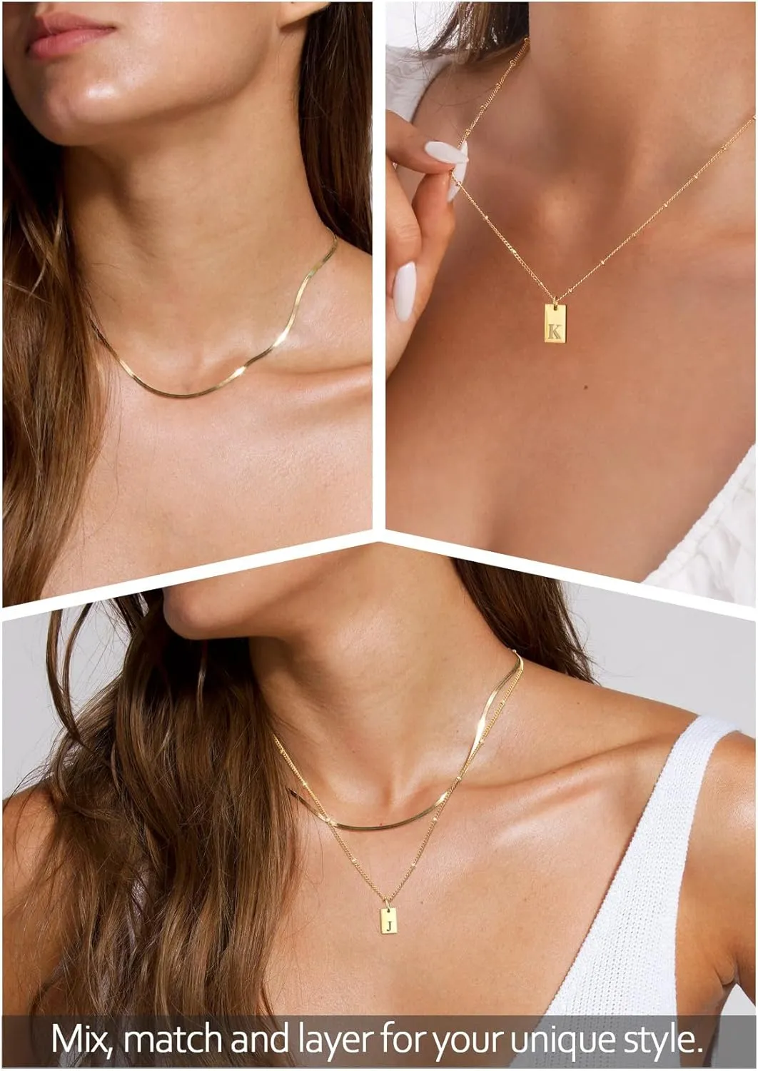 ALEXTINA Stainless Steel 18K Gold Initial Necklaces for Women Minimalist Chain Herringbone Necklace A-Z Letter Layered Necklace Personalized Gold Jewelry for Women