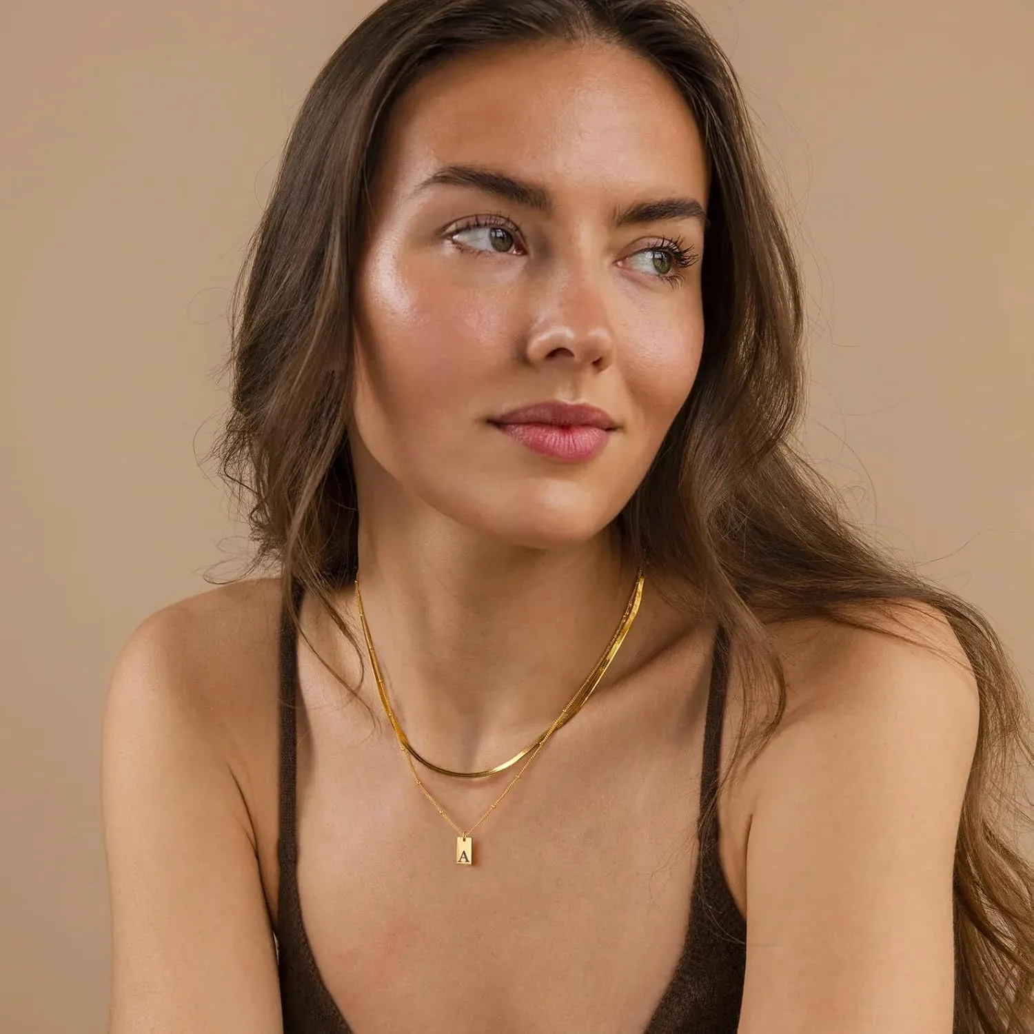 ALEXTINA Stainless Steel 18K Gold Initial Necklaces for Women Minimalist Chain Herringbone Necklace A-Z Letter Layered Necklace Personalized Gold Jewelry for Women