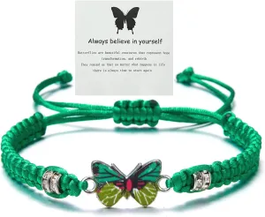 Always Believe in Yourself Butterfly Bracelet - Cute Charm Bracelets for Women, Adjustable Braided Rope, Lucky Friendship Matching Bracelet