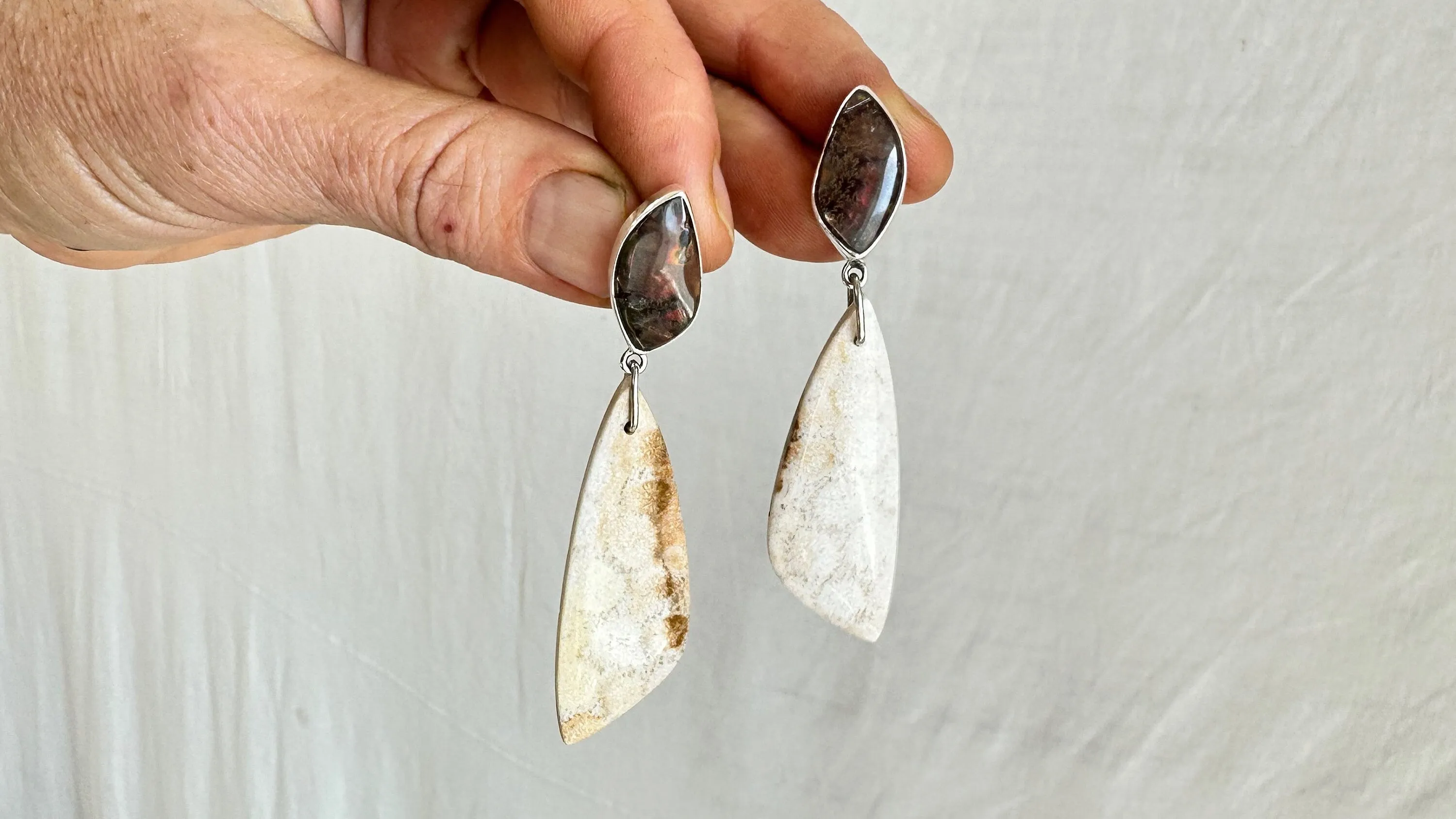 Ammonite & Fossilized Coral. Sterling Silver Drop Earrings.