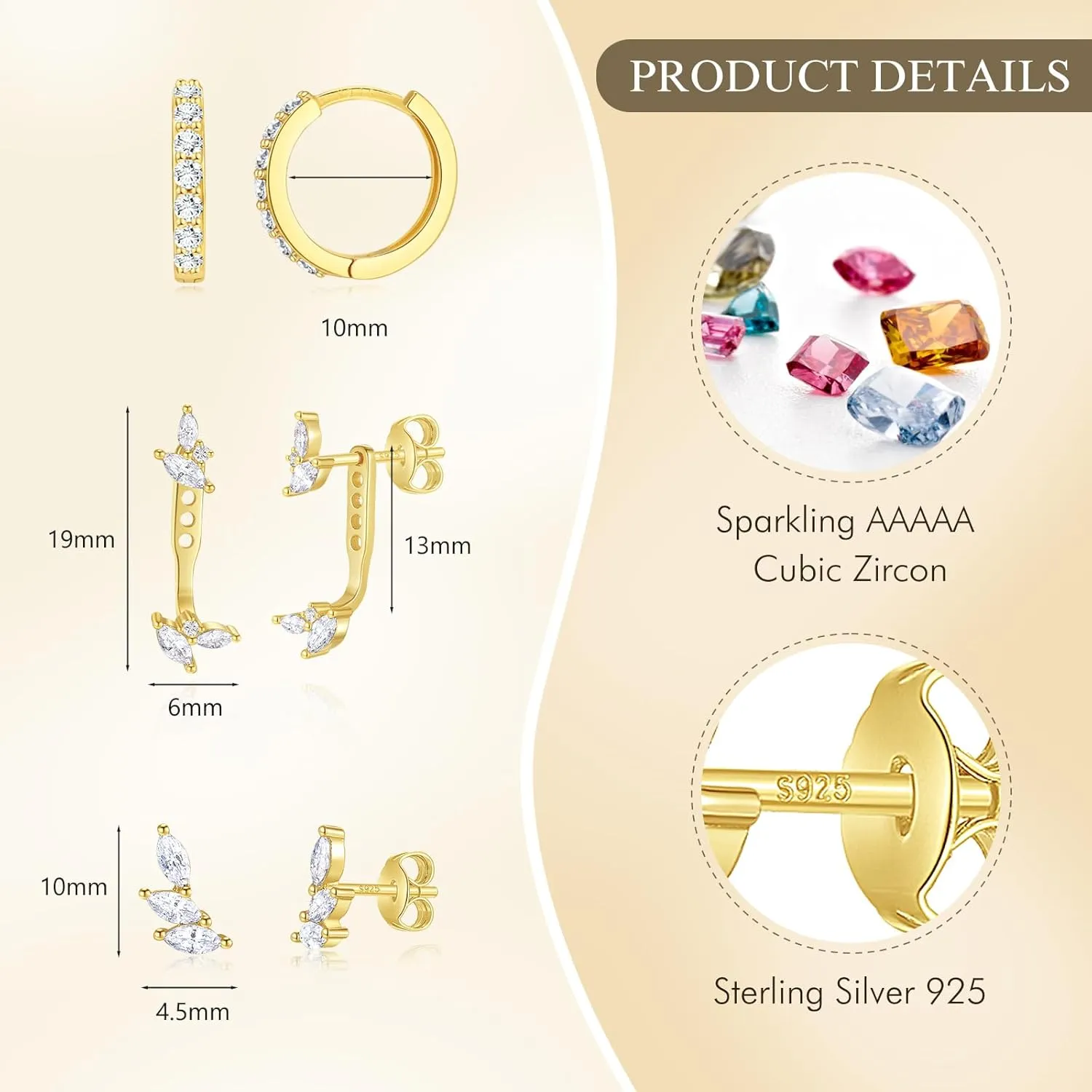 Angelady Sterling Silver Earrings Set for Women, Gold Plated Stud Hoop Earring Stacks for Women, Cartilage Huggies Earrings Set for Multiple Piercings