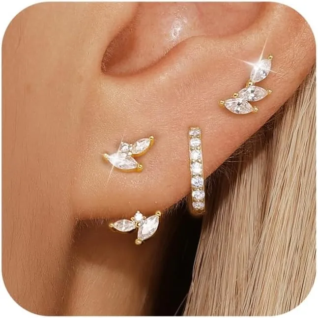 Angelady Sterling Silver Earrings Set for Women, Gold Plated Stud Hoop Earring Stacks for Women, Cartilage Huggies Earrings Set for Multiple Piercings