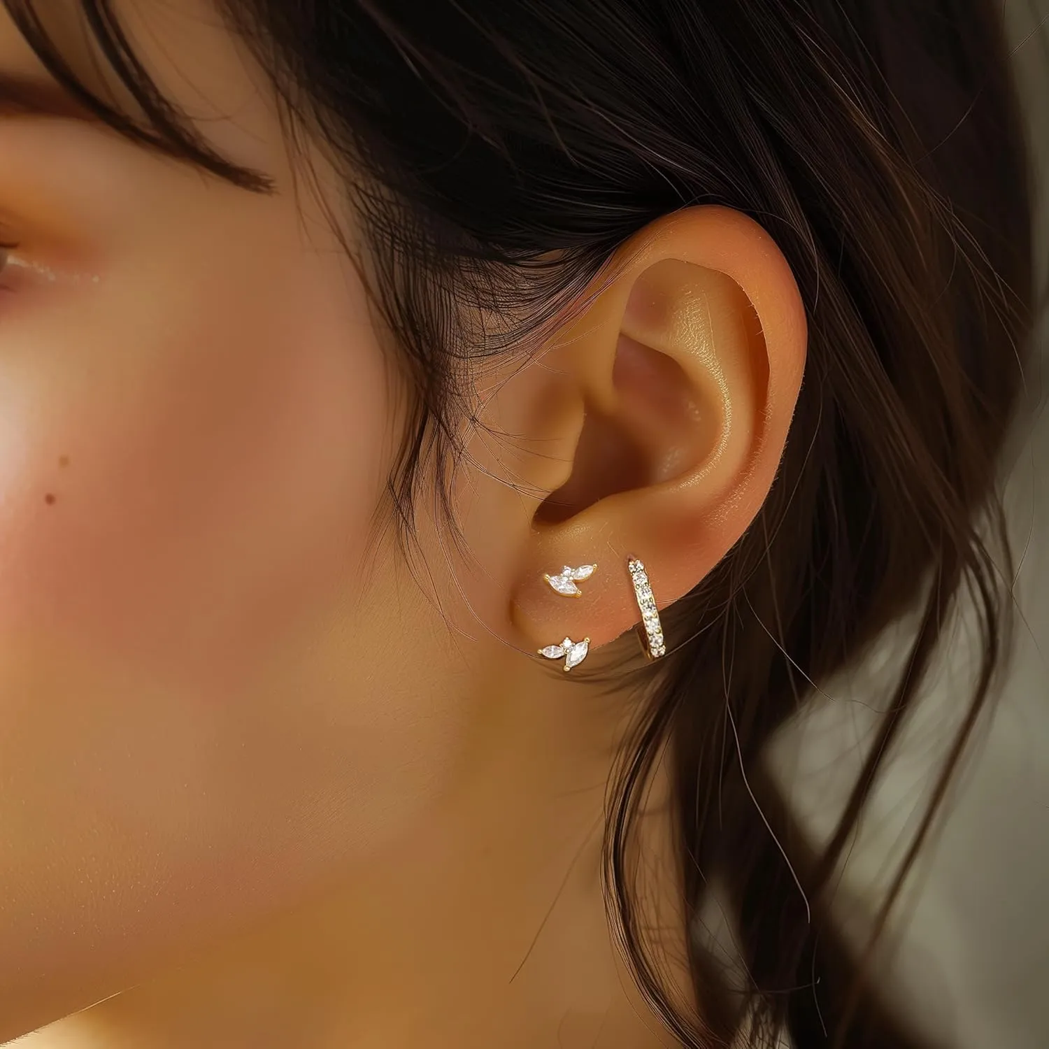 Angelady Sterling Silver Earrings Set for Women, Gold Plated Stud Hoop Earring Stacks for Women, Cartilage Huggies Earrings Set for Multiple Piercings