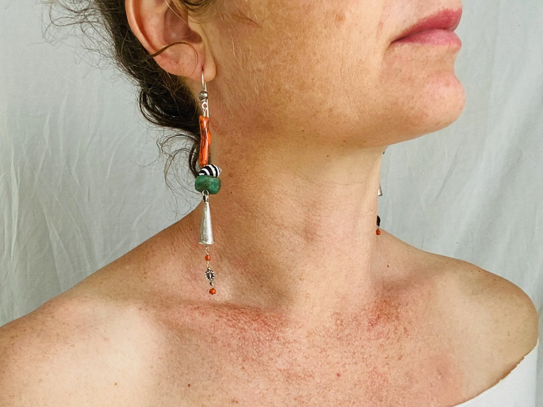 Antique Berber Amazonite, Silver and Coral Earrings. Sterling Silver. Morocco.