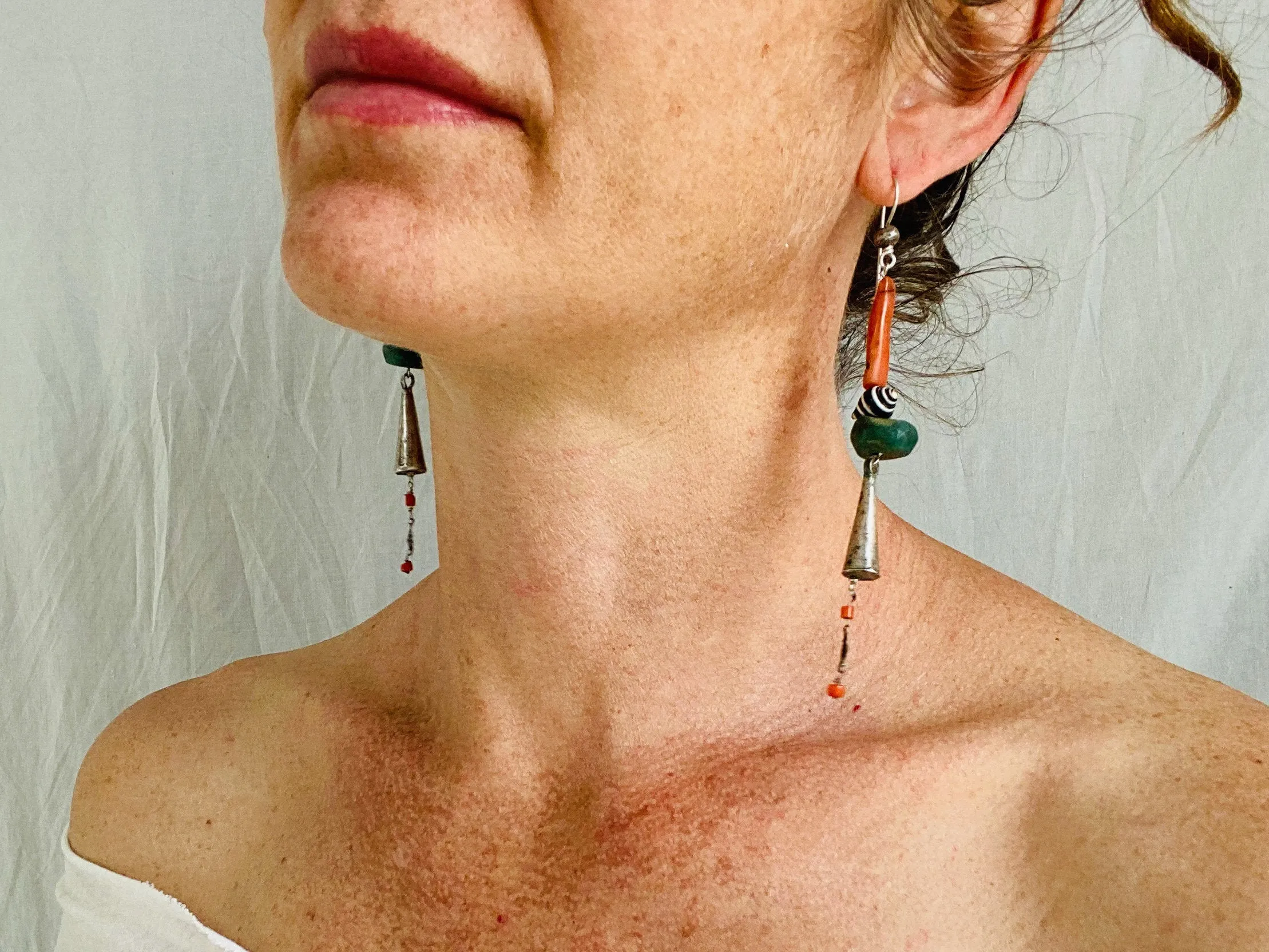 Antique Berber Amazonite, Silver and Coral Earrings. Sterling Silver. Morocco.