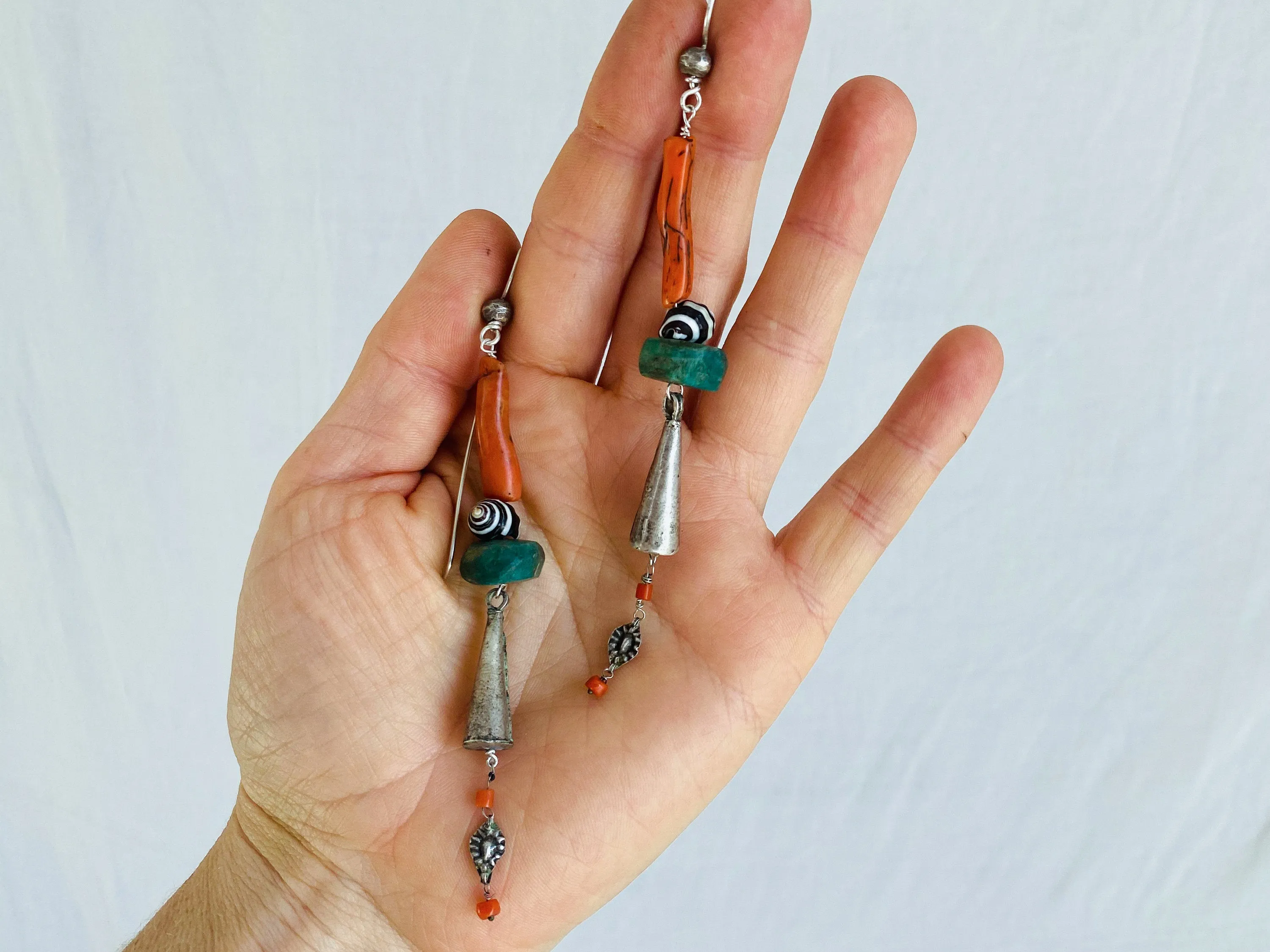 Antique Berber Amazonite, Silver and Coral Earrings. Sterling Silver. Morocco.