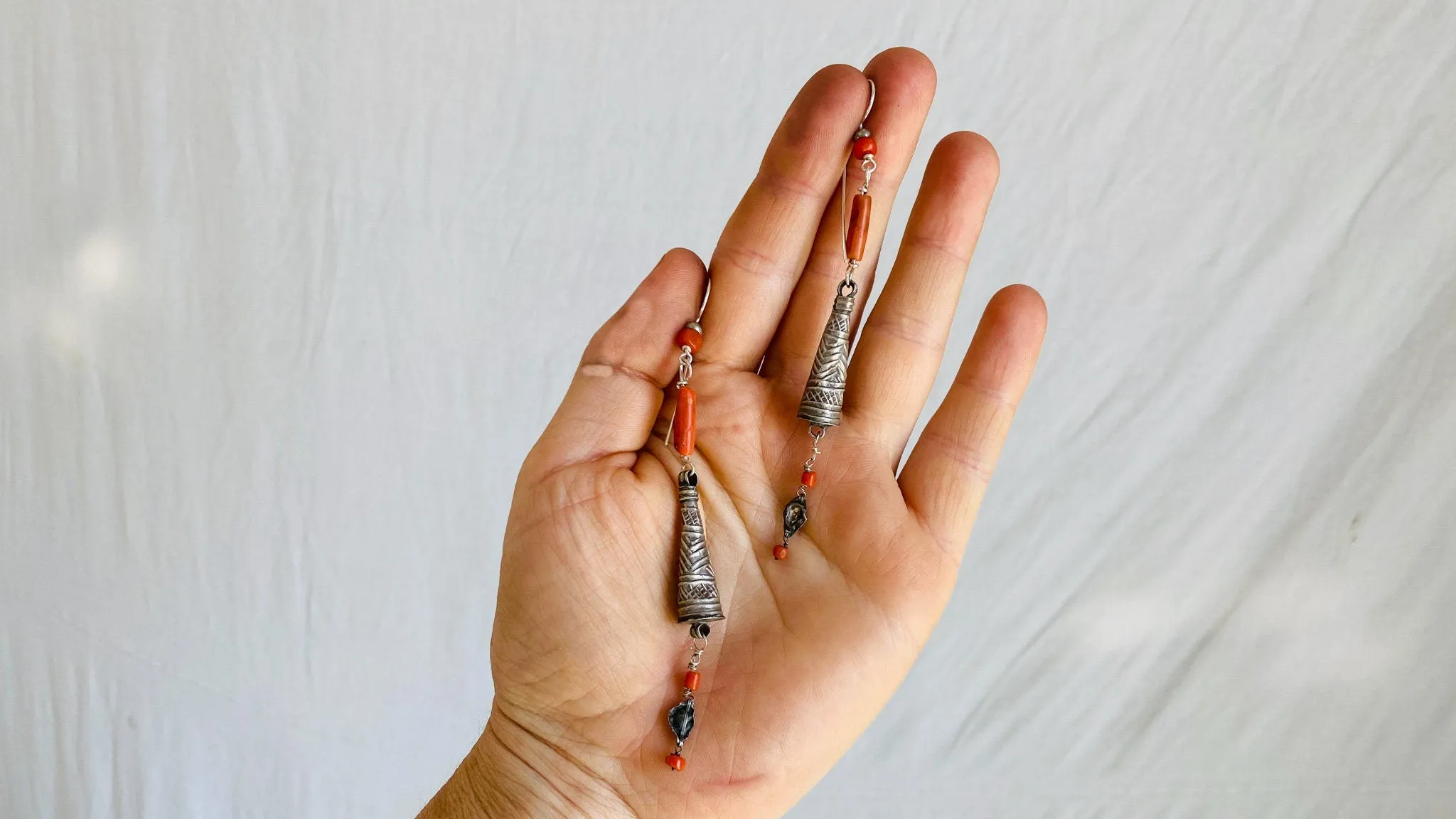Antique Berber Silver and Coral Earrings. Sterling Silver. Morocco. 0425