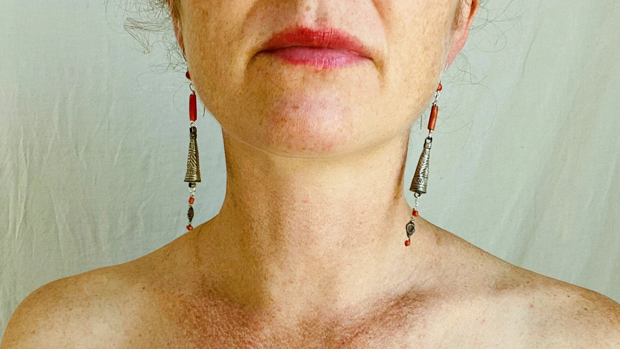 Antique Berber Silver and Coral Earrings. Sterling Silver. Morocco. 0425