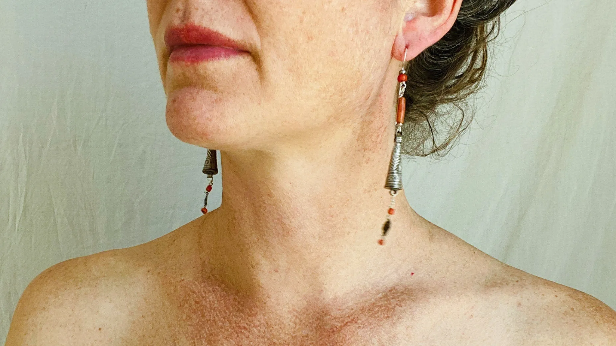 Antique Berber Silver and Coral Earrings. Sterling Silver. Morocco. 0425