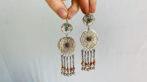 Antique Uzbek Bukhara Silver Earrings. Turquoise & Coral. 0471