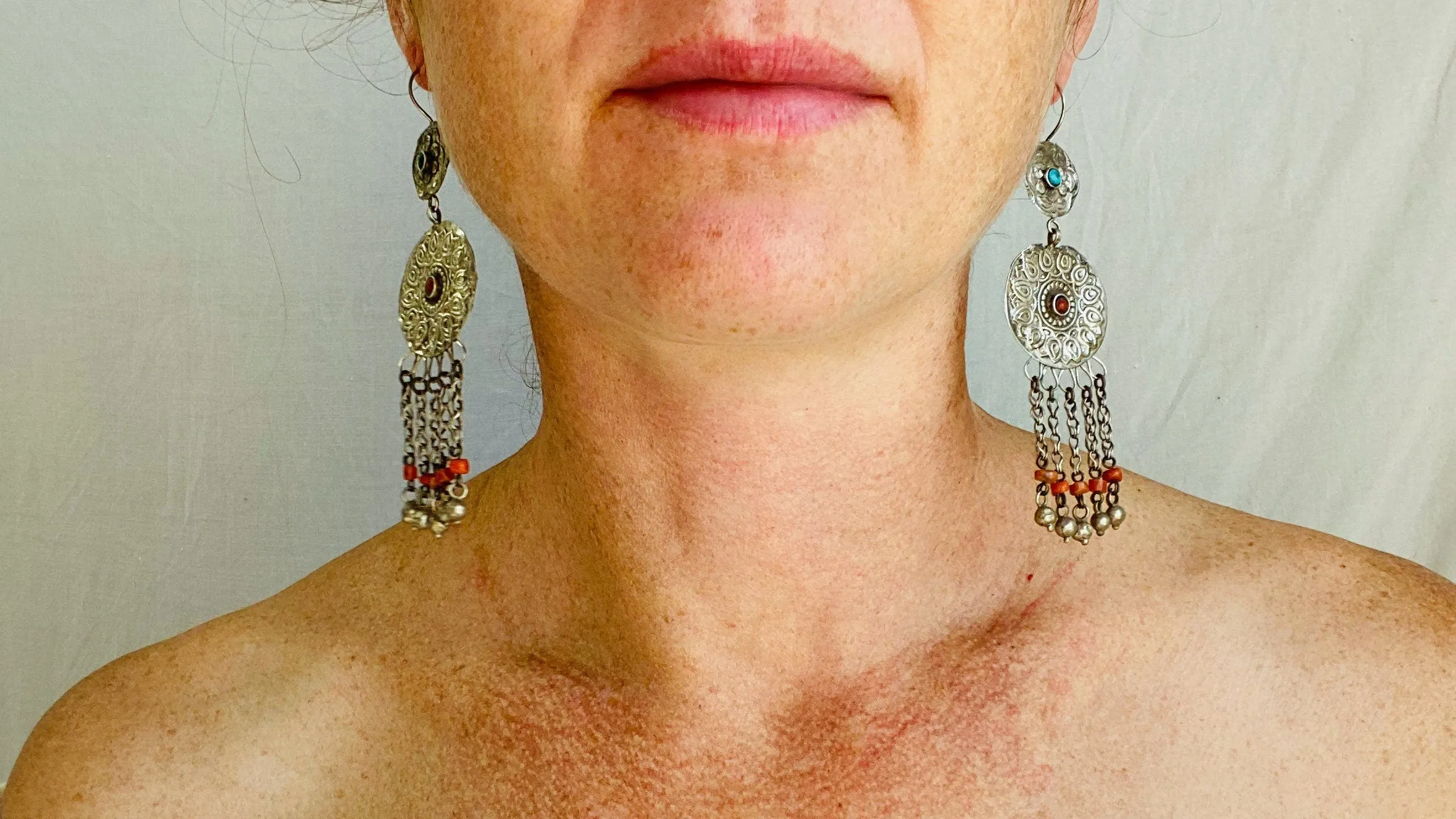 Antique Uzbek Bukhara Silver Earrings. Turquoise & Coral. 0471