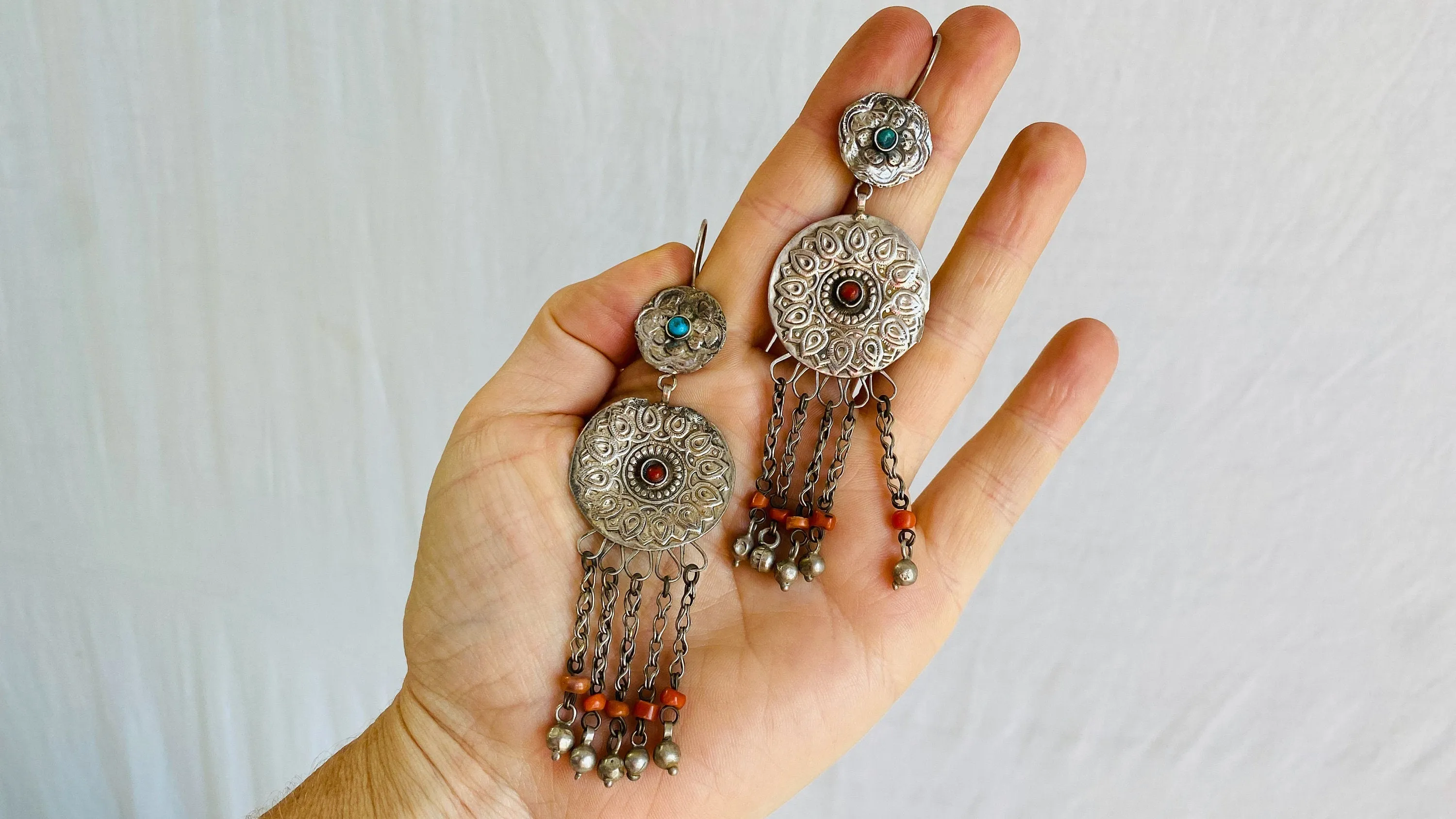 Antique Uzbek Bukhara Silver Earrings. Turquoise & Coral. 0471