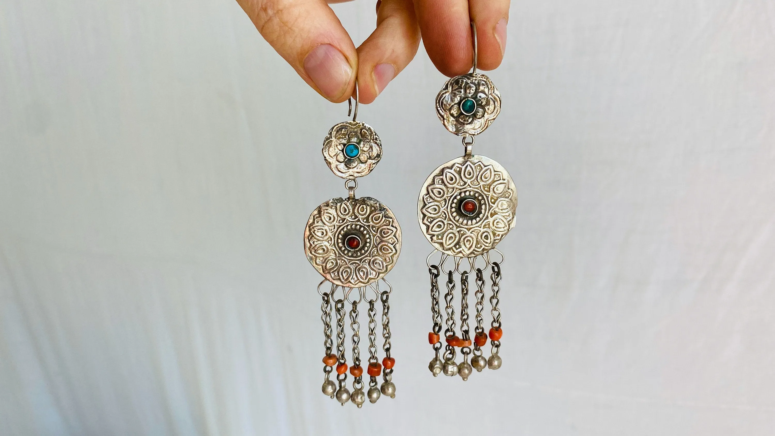 Antique Uzbek Bukhara Silver Earrings. Turquoise & Coral. 0471