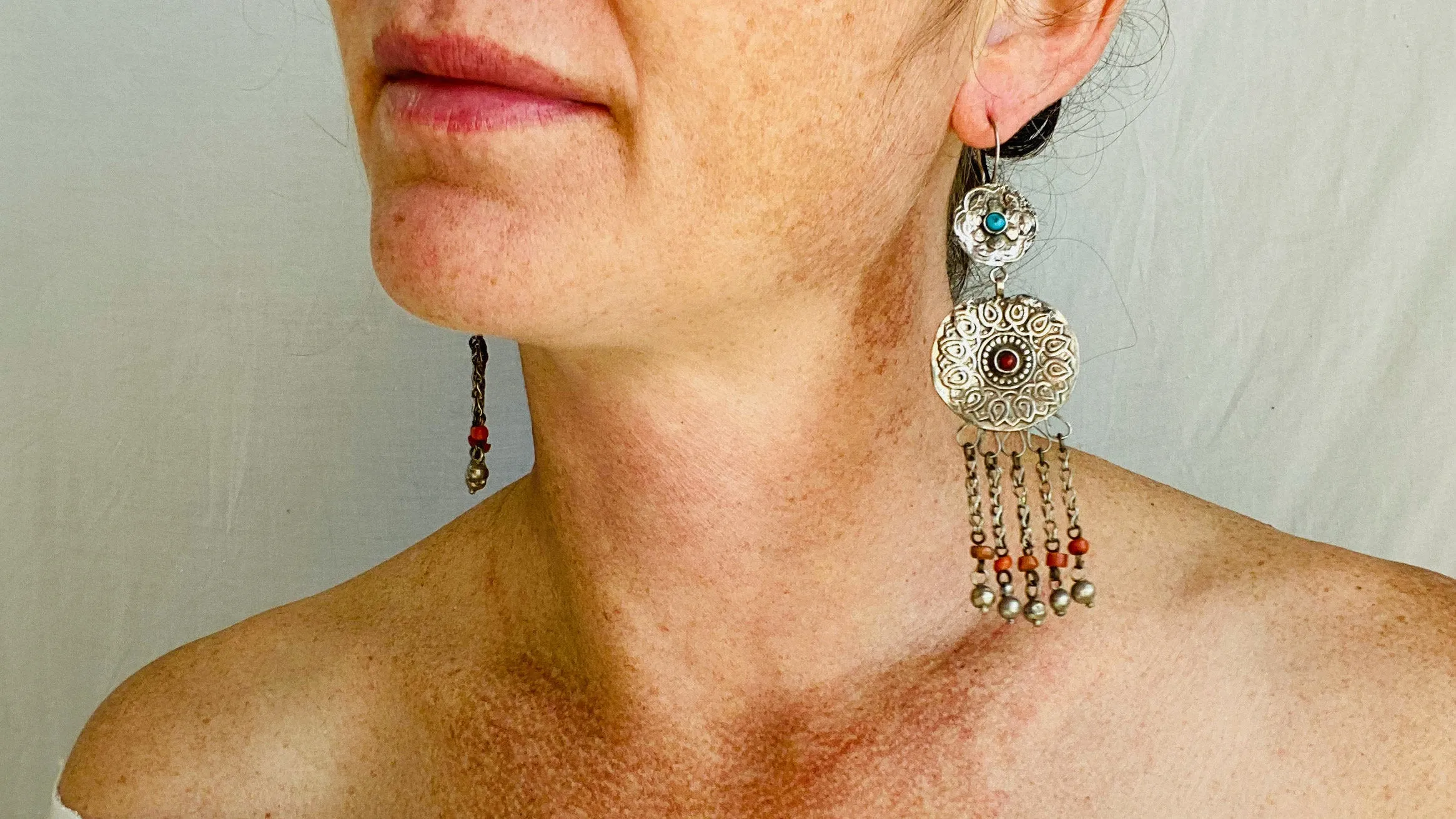 Antique Uzbek Bukhara Silver Earrings. Turquoise & Coral. 0471