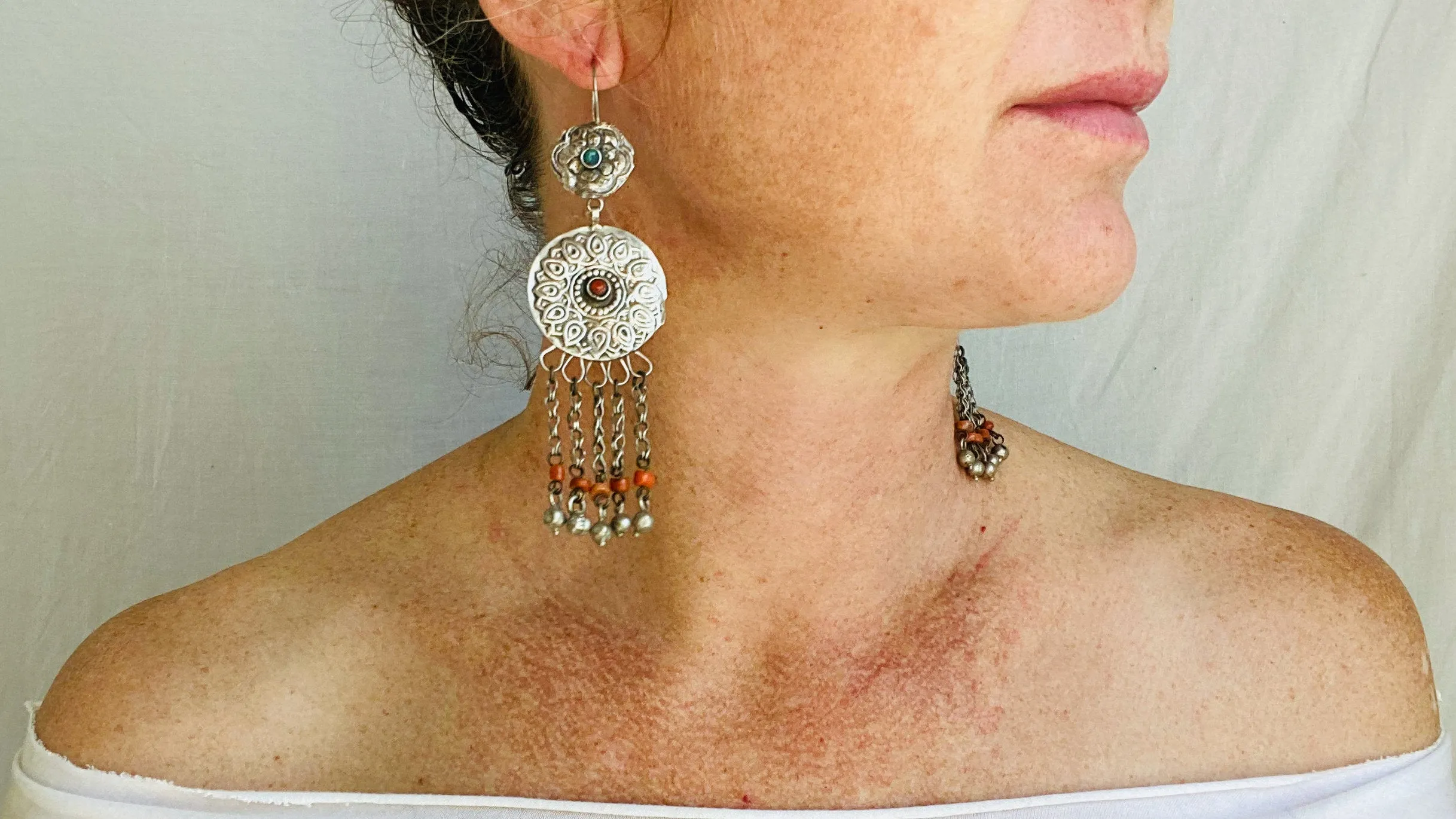 Antique Uzbek Bukhara Silver Earrings. Turquoise & Coral. 0471
