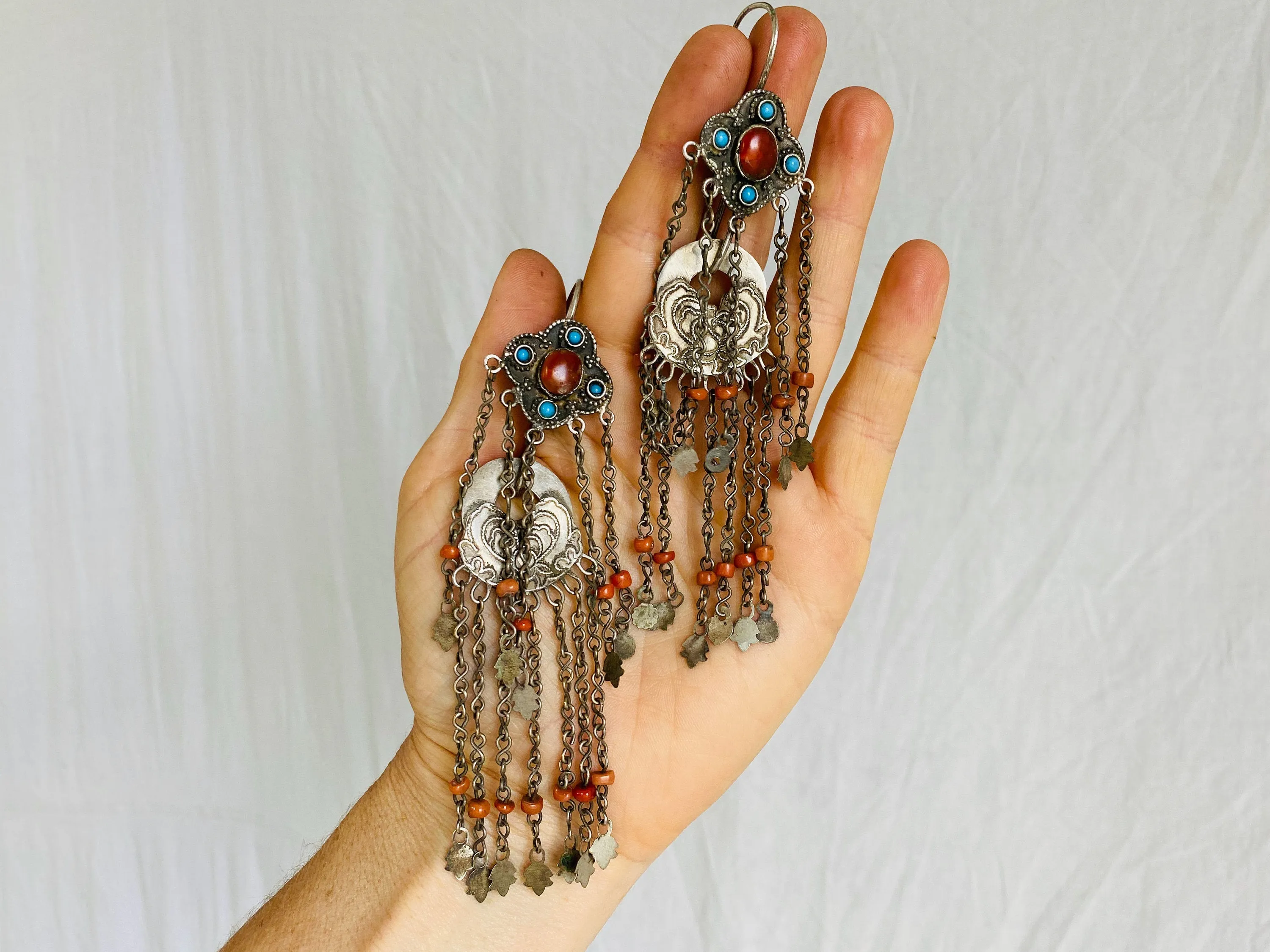 Antique Uzbek Earrings. Silver, Turquoise & Coral. Romantic Beauties