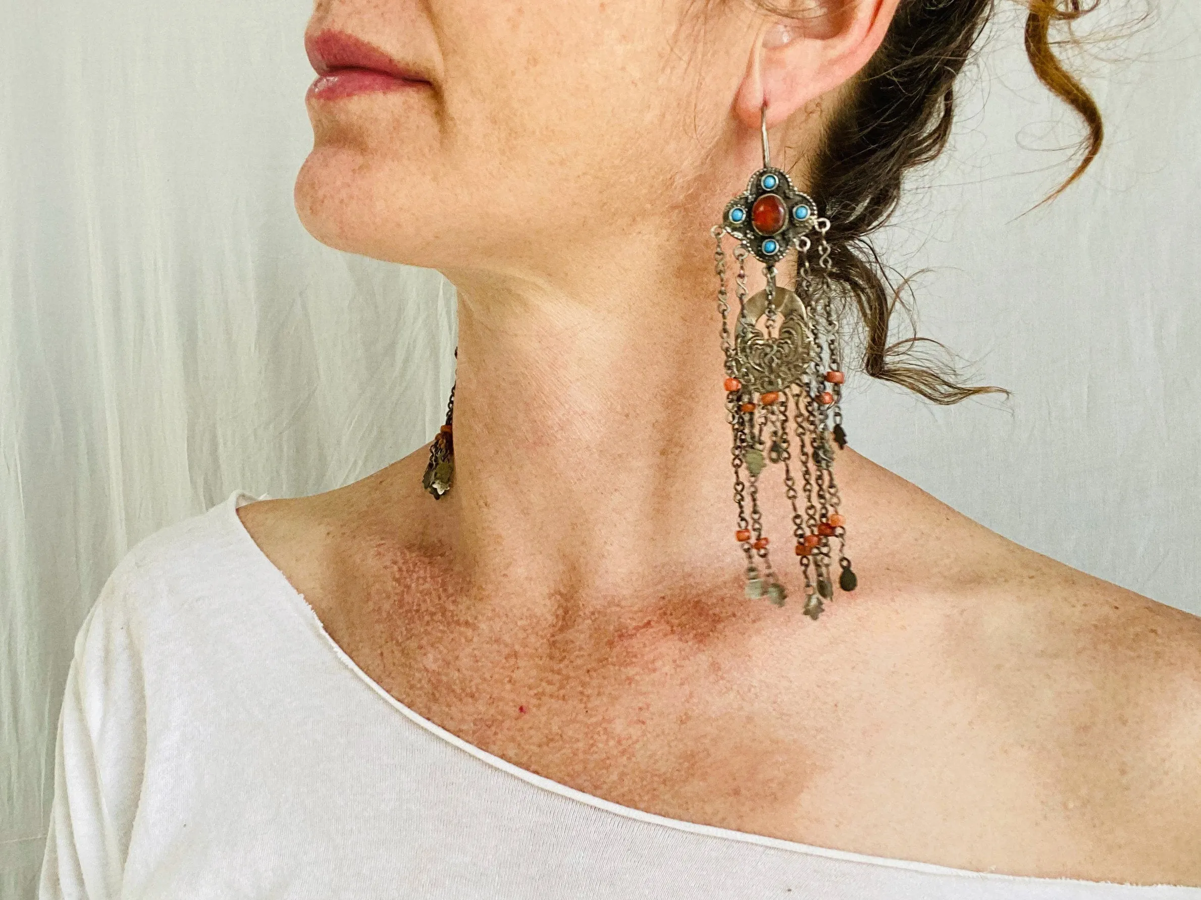 Antique Uzbek Earrings. Silver, Turquoise & Coral. Romantic Beauties
