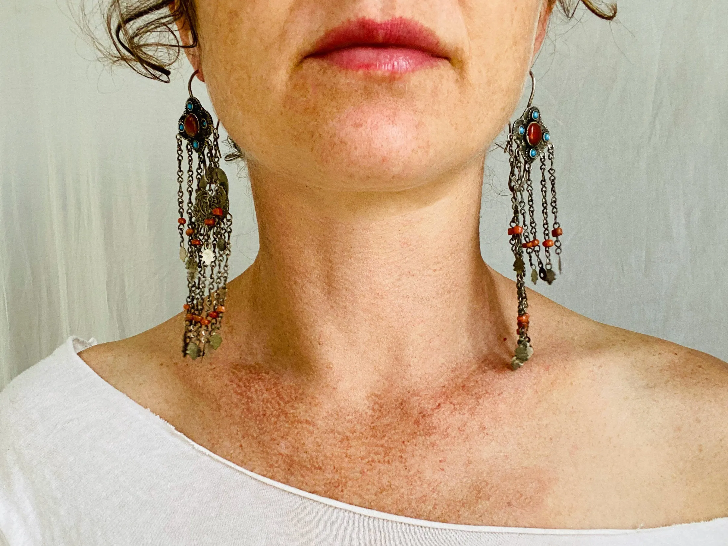Antique Uzbek Earrings. Silver, Turquoise & Coral. Romantic Beauties